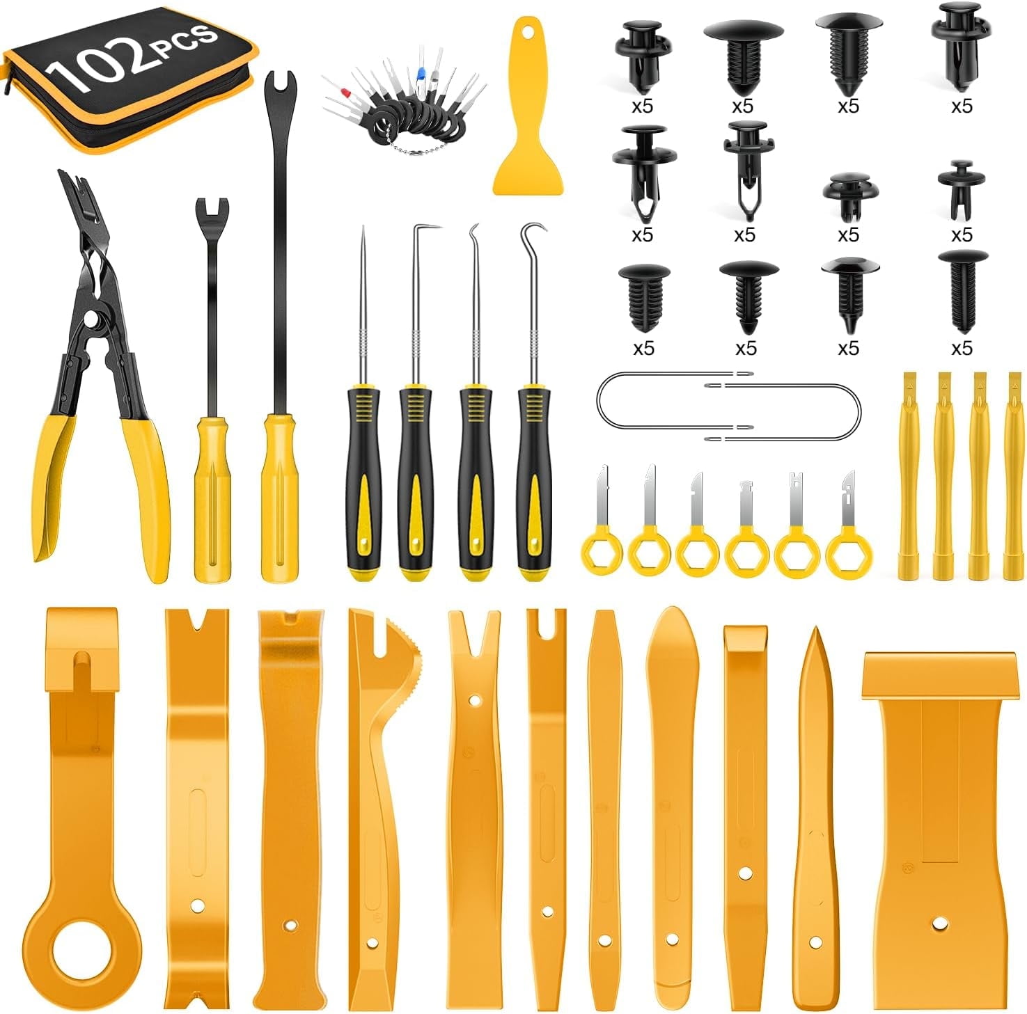 GOOACC 102Pcs Trim Removal Tool, Auto Push Pin Nylon Bumper Retainer Clip Set Fastener Terminal Remover Tool Round Handle Crowbar Kit Car/Radio Panel, Yellow