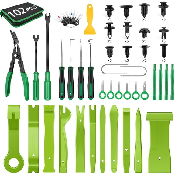 GOOACC 102Pcs Trim Removal Tool, Auto Push Pin Nylon Bumper Retainer Clip Set Fastener Terminal Remover Tool Round Handle Crowbar Kit Car/Radio Panel, Green