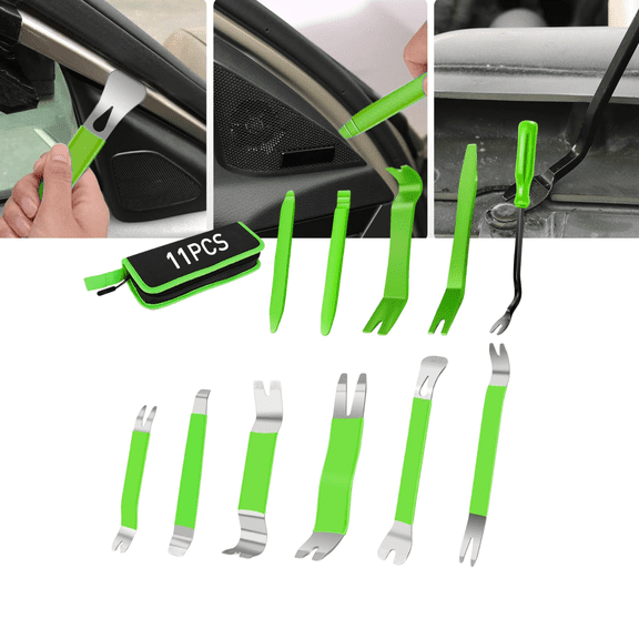 GOOACC 11-Piece Trim Removal Tool Set, Green Metal Pry Bar and Fastener Remover Kit for Car Door Panel, Dashboard, and Auto Interior Repair