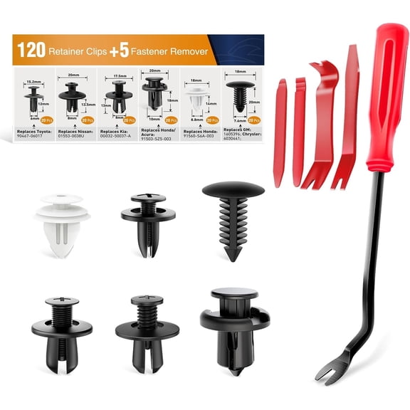 GOOACC 120Pcs Car Bumper Push Retainer Clips Nylon Fasteners Rivet Kit 6mm 7.6mm 8mm 8.8mm 10mm Door Trim Panel Clips 5PC Fastener Remover