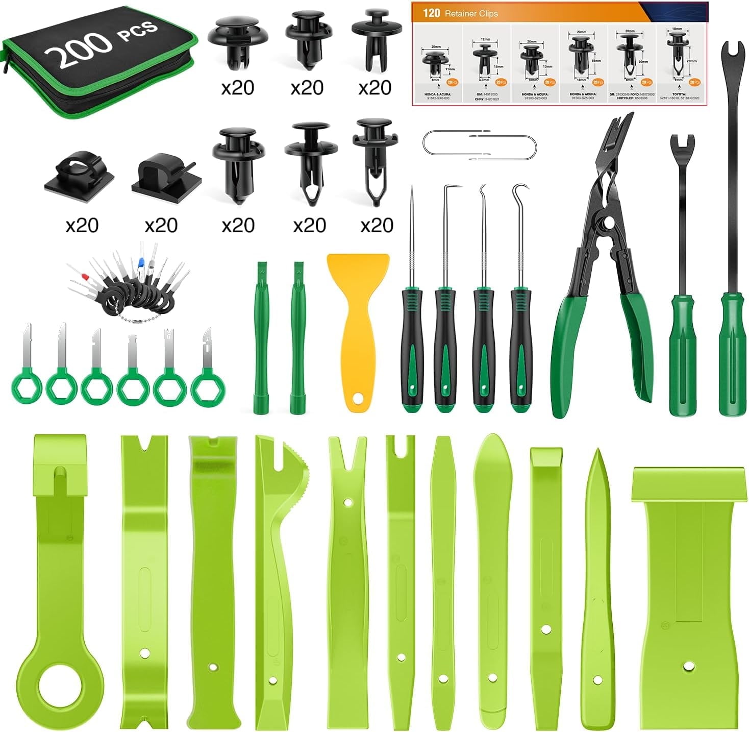GOOACC 200Pcs Trim Removal Tool, Auto Push Pin Bumper Retainer Clip Set Fastener Terminal Remover Tool Adhesive Cable Clips Round Handle Crowbar Kit Car Panel Radio Removal Auto Clip Pliers, Green