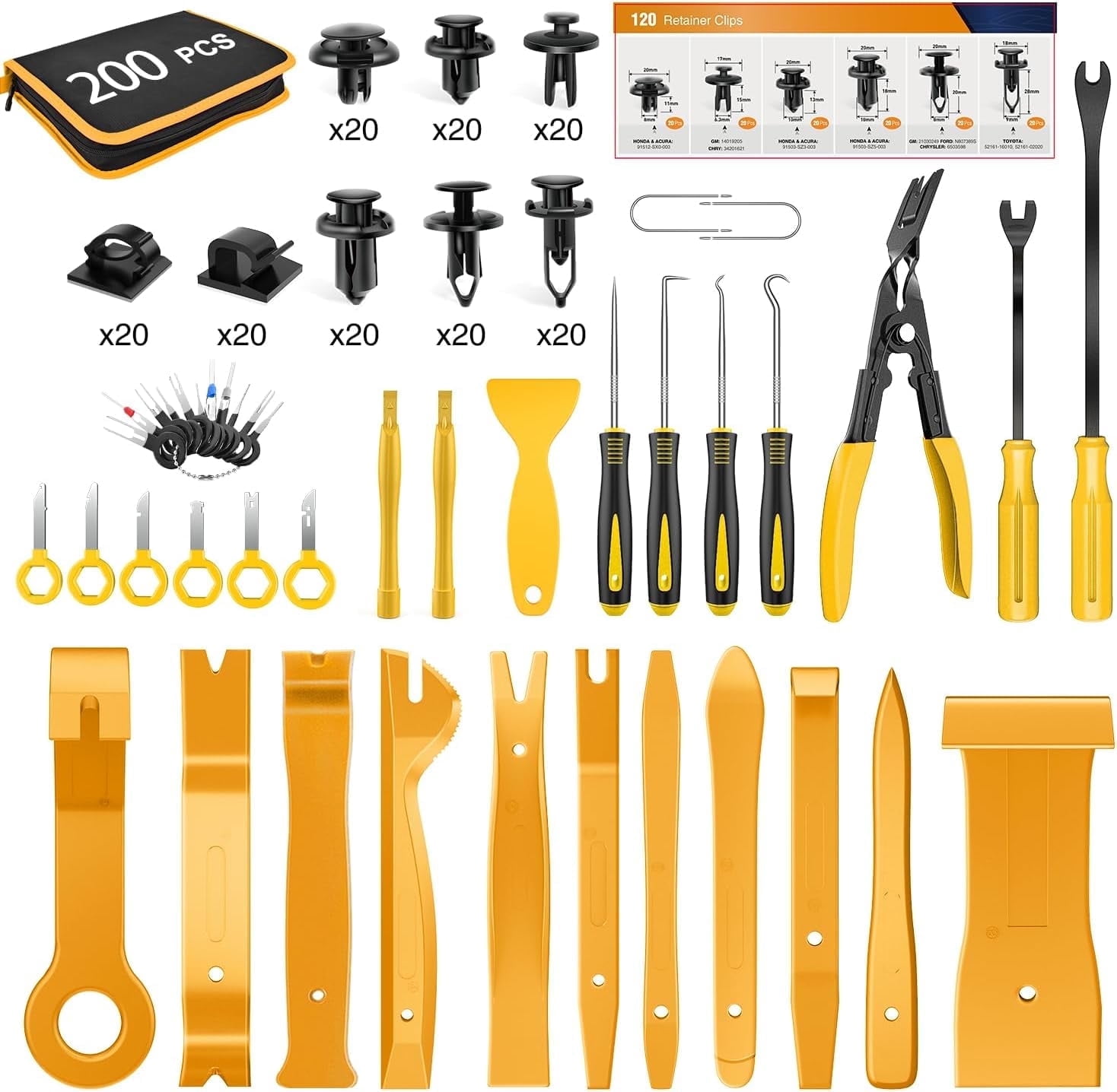 GOOACC 200Pcs Trim Removal Tool, Auto Push Pin Bumper Retainer Clip Set Fastener Terminal Remover Tool Adhesive Cable Clips Round Handle Crowbar Kit Car Panel Radio Removal Auto Clip Pliers, Yellow