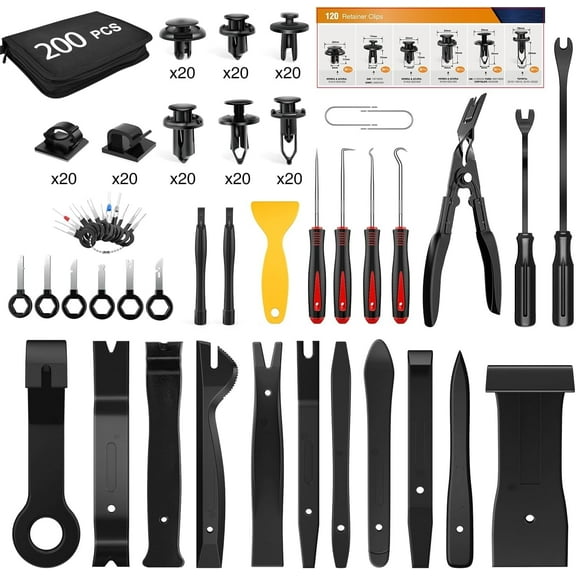 GOOACC 200Pcs Trim Removal Tool, Auto Push Pin Bumper Retainer Clip Set Fastener Terminal Remover Tool Adhesive Cable Clips Round Handle Crowbar Kit Car Panel Radio Removal Auto Clip Pliers, Black