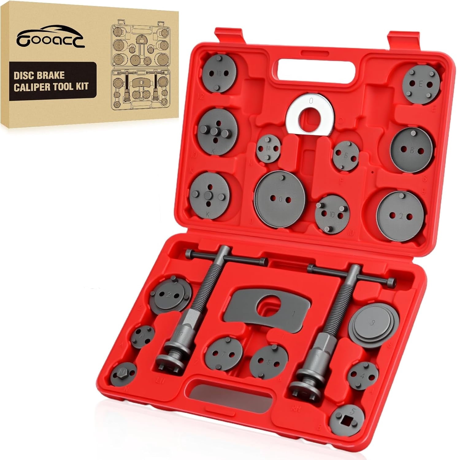 GOOACC 22pcs Disc Brake Caliper Compression Tool Set, Caliper Piston Compressor Tool for Brake Pad Replacement Reset Heavy Duty Brake Tools Brake Caliper Piston Rewind Tool Caliper Press Tool Kit,Red