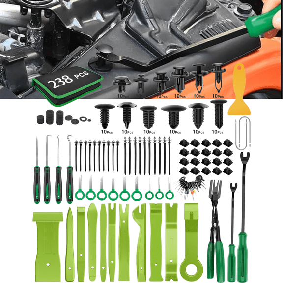 GOOACC 238-Piece Trim Removal Tool Kit with Auto Push Pin Bumper Retainer Clip Set Fastener Terminal Remover and Car Panel Radio Removal Pliers, Green