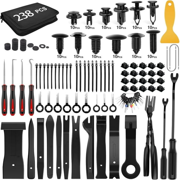 GOOACC 238Pcs Trim Removal Tool, Auto Push Pin Bumper Retainer Clip Set Fastener Terminal Remover Tool Adhesive Cable Clips Kit Car Panel Radio Removal Auto Clip Pliers, Black