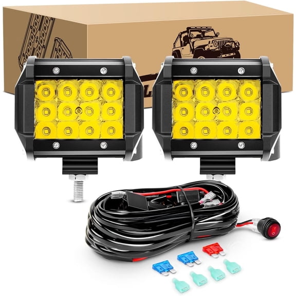 GOOACC 2Pcs 4" Amber Led Pods 36W Triple Row Flood Light Bar Fog Light 3600LM Driving Lighting with 16AWG Off-Road Wiring Harness-2 Leads for Truck Golf Cart SUV ATV UTV Boat, Clear,Yellow