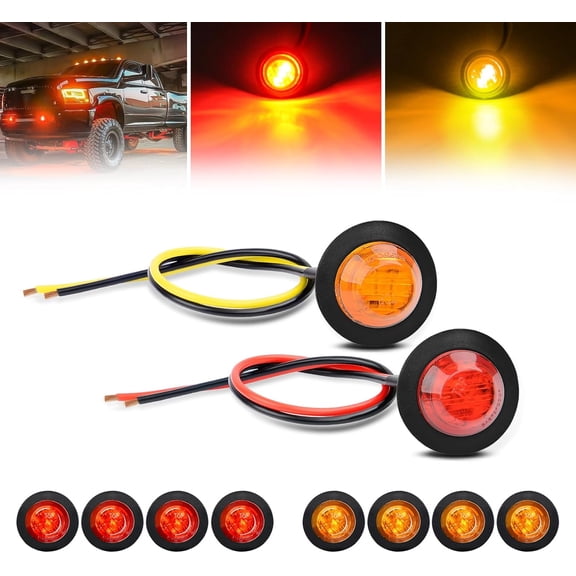 GOOACC 3/4 Inch Bullet Side Marker Light 10PCS Red Amber Round Clearance LED Front Rear Indicator Lights for Trailer Van Caravan Boat Truck RV Car Bus