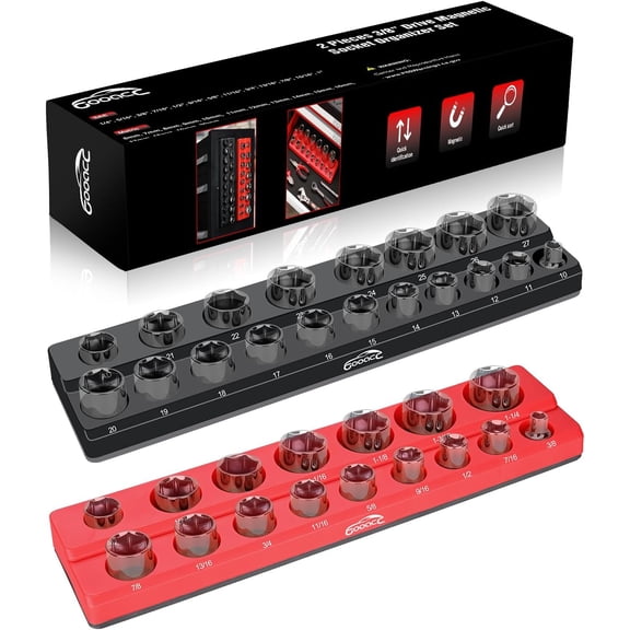 GOOACC 3/8" Magnetic Socket Organizer, 2 Pieces Metric & SAE Socket Drive Holders 3/8 inch Socket Organizer Tray Holds 56 Standard Sockets for Toolboxes