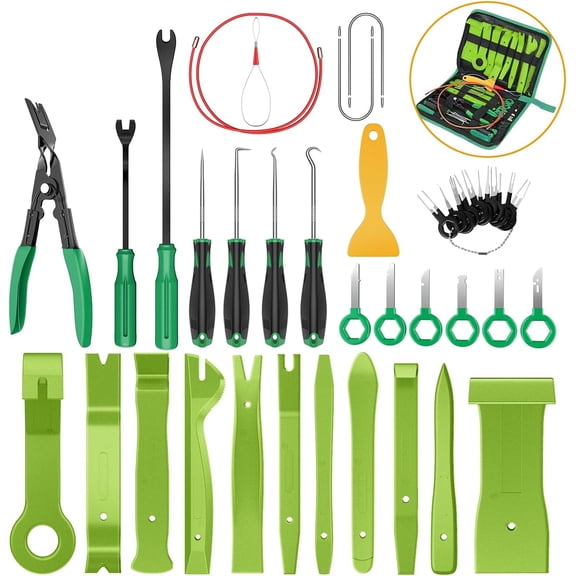 GOOACC 40Pcs Trim Removal Tool,Auto Terminal Removal Key Tool,Auto Clip Pliers Stereo Removal Tools,Car Upholstery Repair Removal Kit,Precision Hook and Pick Set,Wiring Threader,Car Film Scrape-Green