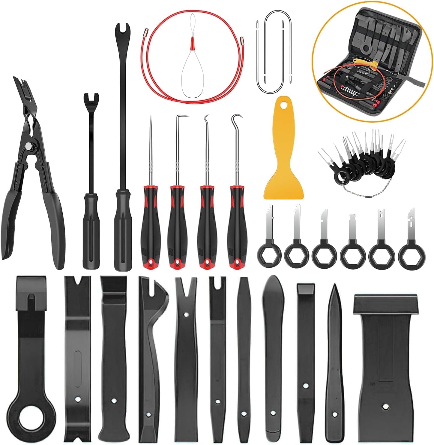GOOACC 40Pcs Trim Removal Tool,Auto Terminal Removal Key Tool,Auto Clip Pliers Stereo Removal Tools,Car Upholstery Repair Removal Kit,Precision Hook and Pick Set,Wiring Threader,Car Film Scrape-Black