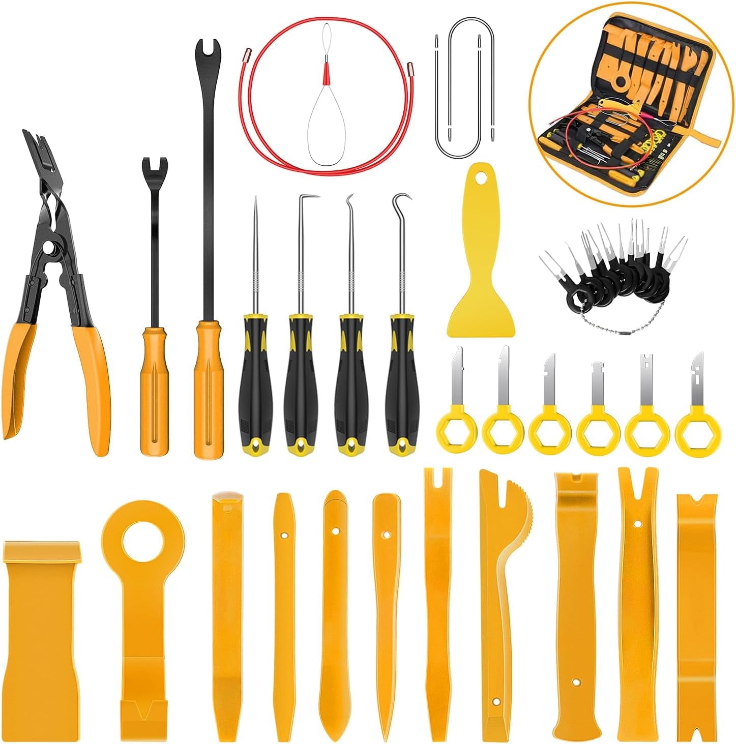 GOOACC 40Pcs Trim Removal Tool,Auto Terminal Removal Key Tool,Auto Clip Pliers Stereo Removal Tools,Car Upholstery Repair Removal Kit,Wiring Threader,Car Film Scrape-Yellow