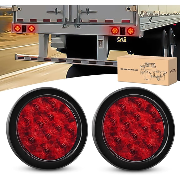GOOACC 4Inch Round Trailer Tail Light 2PCS 12LED Red Stop Brake Turn Signals Lights w/Surface Mount Grommets Plugs IP67 Waterproof for Truck RV Tractor