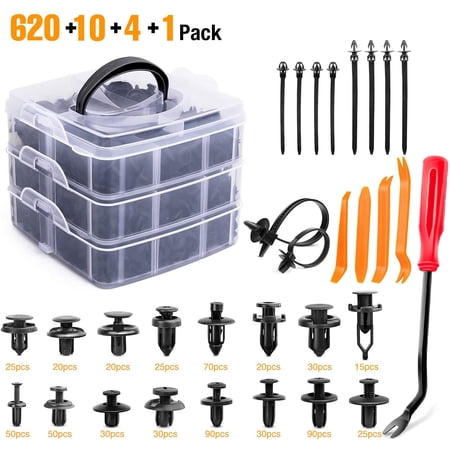 GOOACC 635 Pieces Car Push Retainer Clips & Fasteners, 16 Sizes, with 10 Cable Ties, Nylon