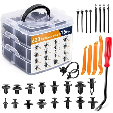 GOOACC 635Pcs Car Push Retainer Clips Auto Fasteners Assortment 16 Most Popular Sizes Nylon Bumper Fender Rivets with 10 Cable Ties Fasteners Remover for Toyota GM Ford Honda Acura Chrysler