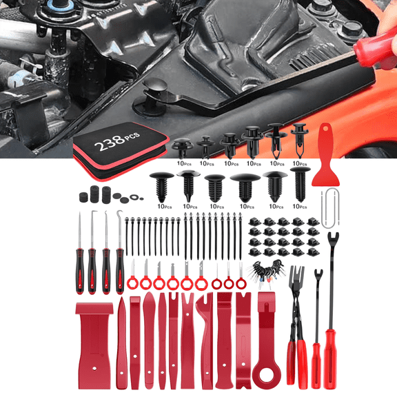 GOOACC Auto Push Pin Remover Tool Set, 238Pcs Bumper Retainer Clip Fastener Kit with Trim Removal Tools, Adhesive Cable Clips, Terminal Key, Pry Tools for Car Panel Radio Removal