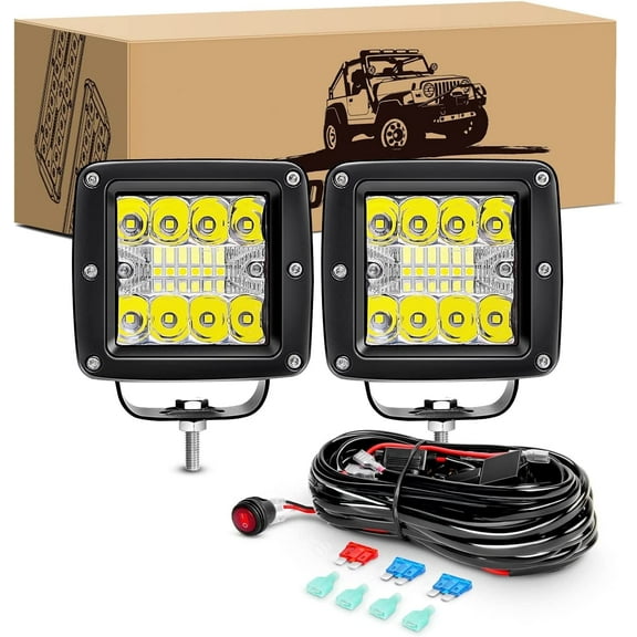 GOOACC Led Cubes 2Ps 3inch 42W Led Pods Driving Lights Spot Flood Offroad Led Work Light Fog Lights Boat Light with Wiring Harness Kit for Pickup Trucks UTV ATV SUV Motor Car