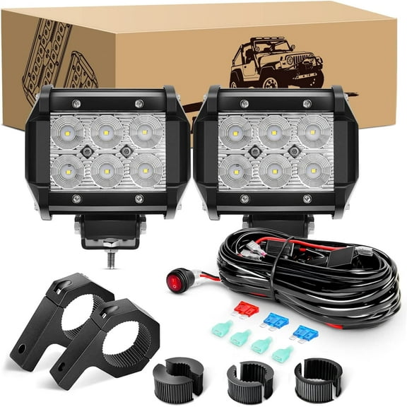 GOOACC Led Light Pods 2Pcs 4inch 18W Flood Light Offroad Lights Led Fog Lights Mounting Bracket Horizontal Bar Tube Clamp with off Road Wiring Harness-2 Leads for Trucks Boat