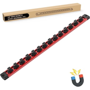 GOOACC Magnetic Socket Organizer 3/8 Inch Socket Holder with 14 360° Swivel Clips Heavy Duty Aluminum Socket Rail Organizer for Tool Box Drawer, Red 1 Piece 3/8" Drive Magnetic Socket Rails Holders