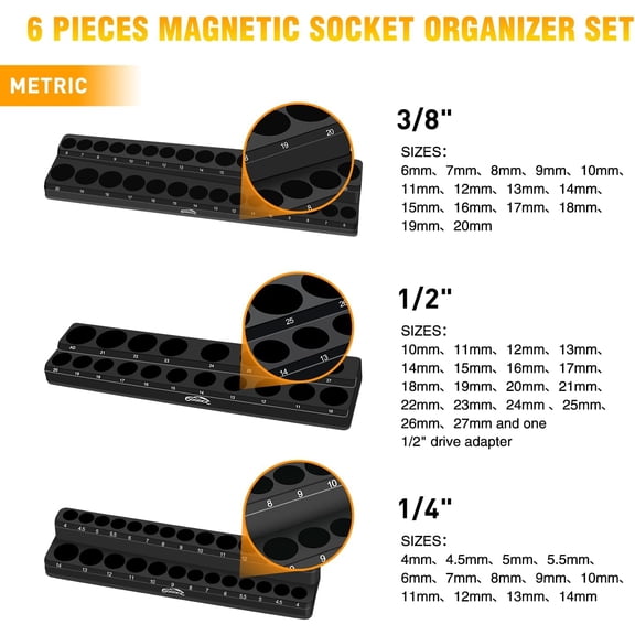 GOOACC Magnetic Socket Organizer Set, 6 Pieces Magnetic Socket Holder 1/2", 1/4", 3/8" Drive Metric & SAE Socket Tool Set, Socket Organizer Tray for Tool Box Drawer Holds 143 Standard Sockets