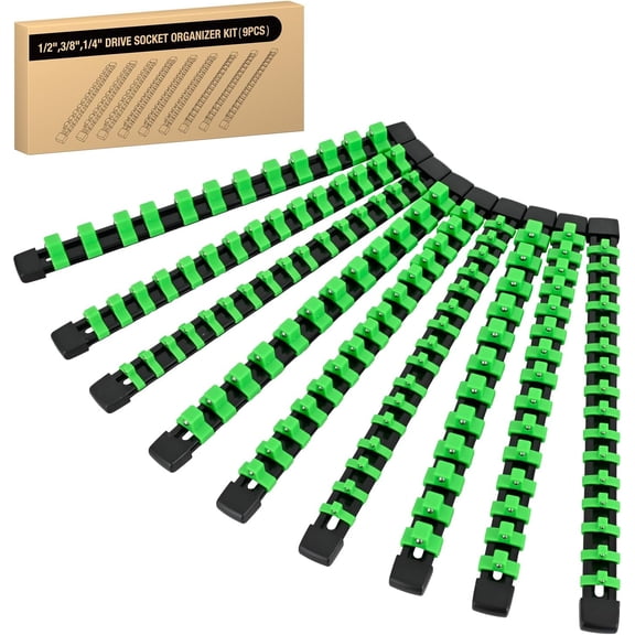 GOOACC Socket Organizer ABS Socket Holder Set 1/4" 3/8" 1/2" Drive Socket Rail Holders Stores up 129 Clips Impact Sockets Organizers Rails for Tool Box Drawer, 9 Piece Green