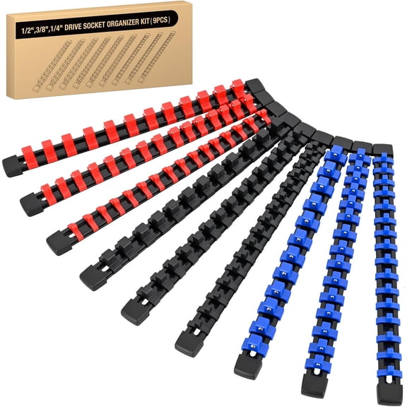 GOOACC Socket Organizer ABS Socket Holder Set 1/4" 3/8" 1/2" Drive Socket Rail Holders Stores up 129 Clips Impact Sockets Organizers Rails for Tool Box Drawer, 9 Piece Blue Red Black