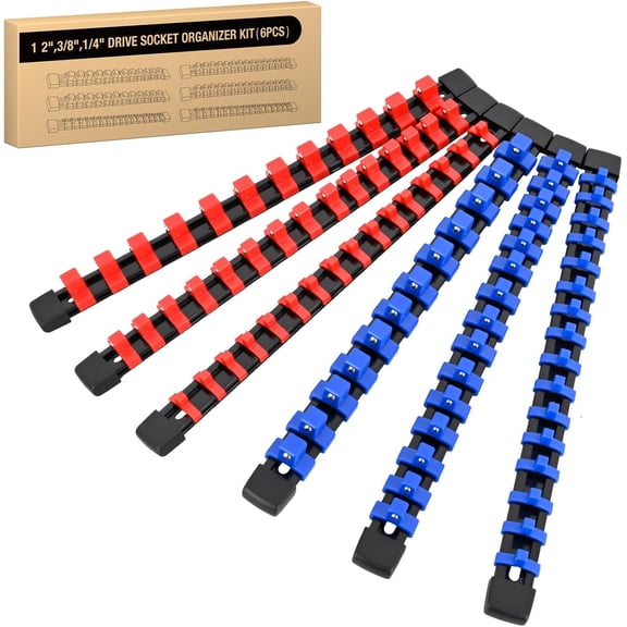 GOOACC Socket Organizer ABS Socket Holder Set 1/4" 3/8" 1/2" Drive Socket Rail Holders Stores up 86 Clips Impact Sockets Organizers Rails for Tool Box Drawer, 6 Piece Blue Red