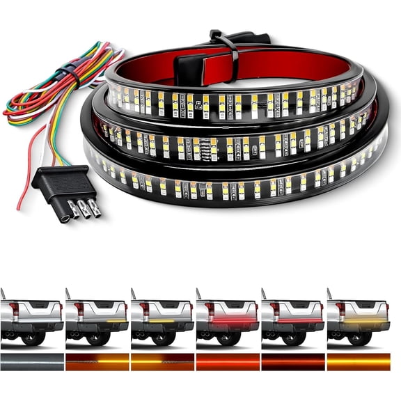 GOOACC Truck Tailgate Light Bar 48" Triple Row 360 LED Strip 6 Function with Red Running Brake Amber Turning Signals Strobe White Reverse Lighting