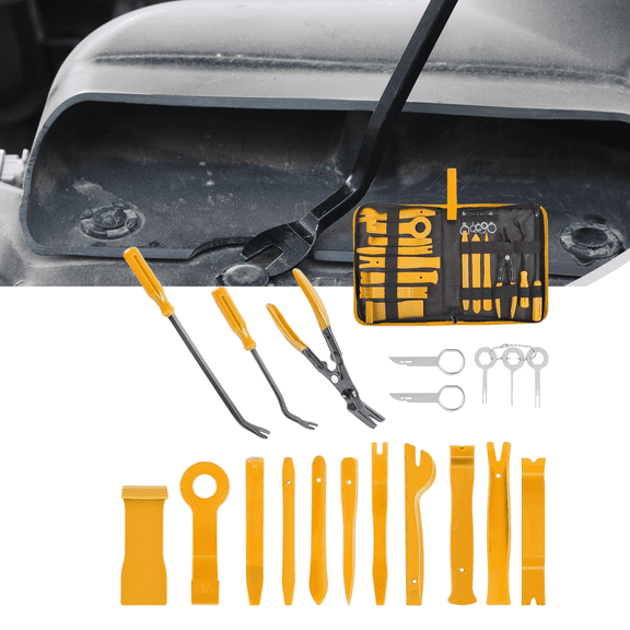 GOOACC Yellow Automotive Trim Panel Removal Tool Set, 19-Piece Kit with Storage Bag, Featuring Clip Pliers, Fastener Removers, and Non-Scratch Tools for Dash & Upholstery
