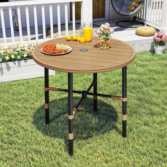 GOOBED Outdoor Dining Table Round for 4 with 2.2" Umbrella Hole&Adjustable Levelers 35.4" * 30.3" All-Weather Patio Table with Metal Frame and Faux Wood Tabletop Bistro Tables for Backyard Garden