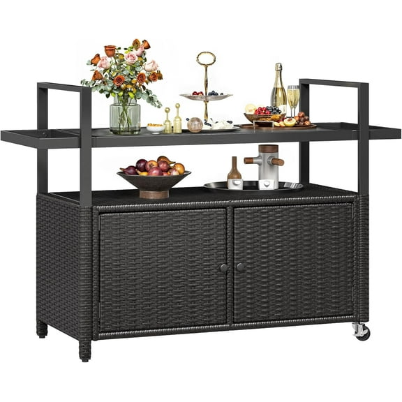 GOOBED XL Patio Storage Cabinet,Outdoor Cabinet w/Wheels and Black Glass Table Top, Outdoor Bar Cart for Patio,Backyard and Poolside,Dark Brown