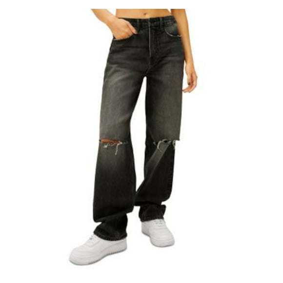 GOOD AMERICAN Womens Black Denim Darted Distressed High Waist Ripped Straight leg Jeans 00\24