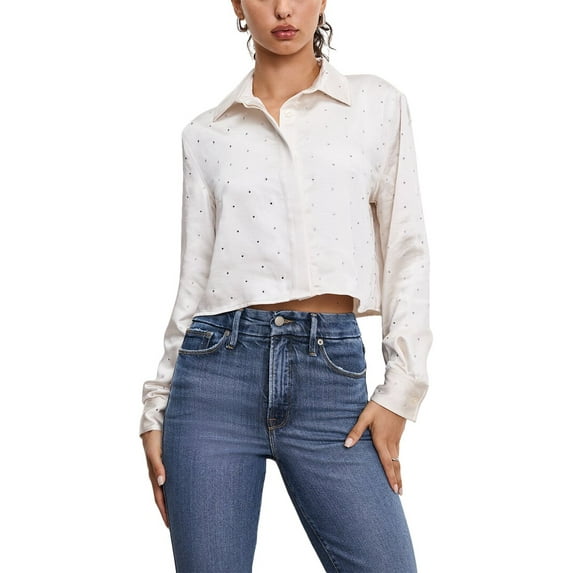 GOOD AMERICAN womens Crystal Satin Shirt, m, White