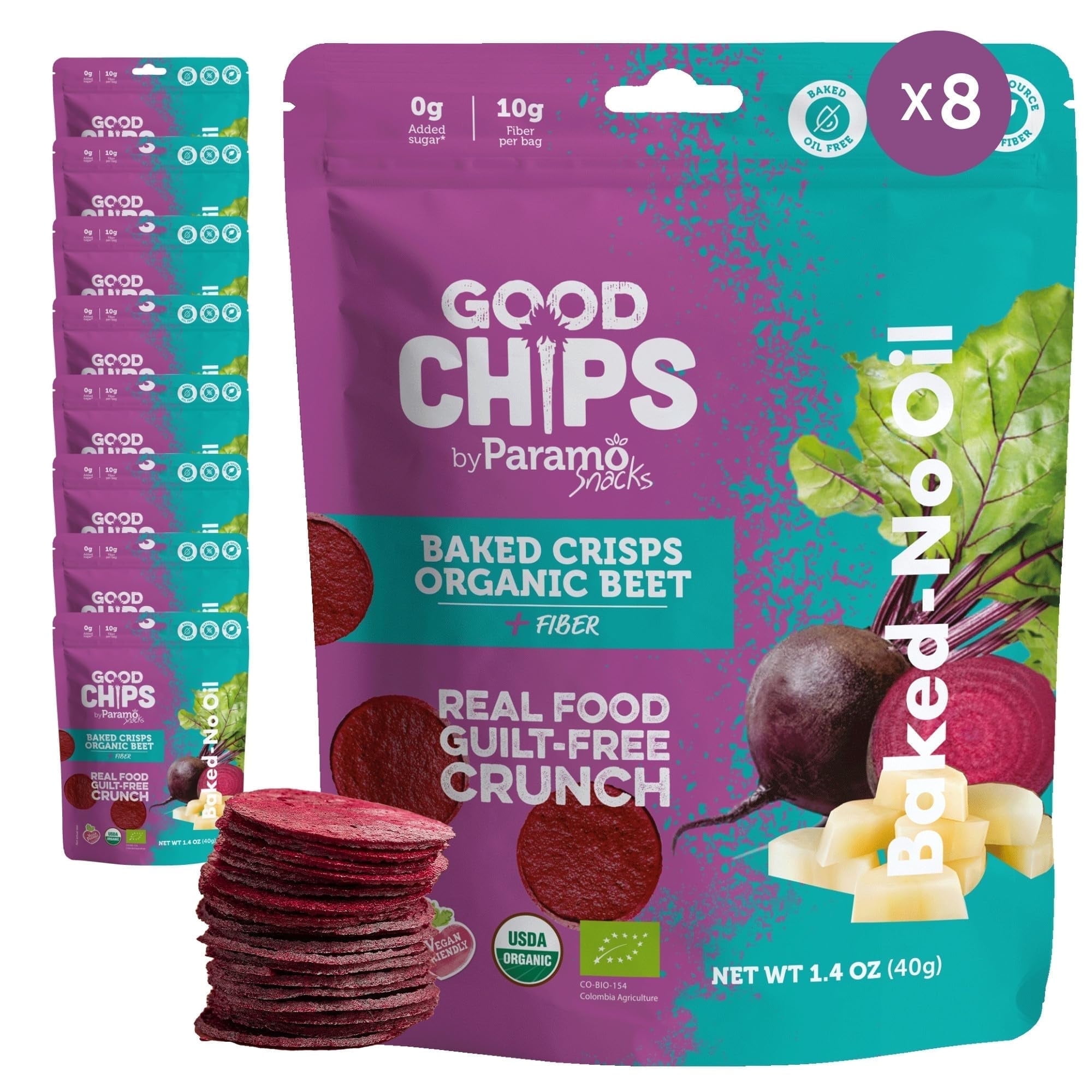GOOD CHIPS Baked Beet Yacon Chips, Organic Prebiotic Snack, 8-Pack, 1.4oz Bags