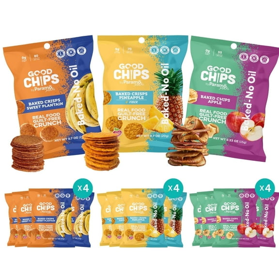 GOOD CHIPS Baked Fruit Chips Variety Pack, Apple Pineapple Plantain, 12-Pack