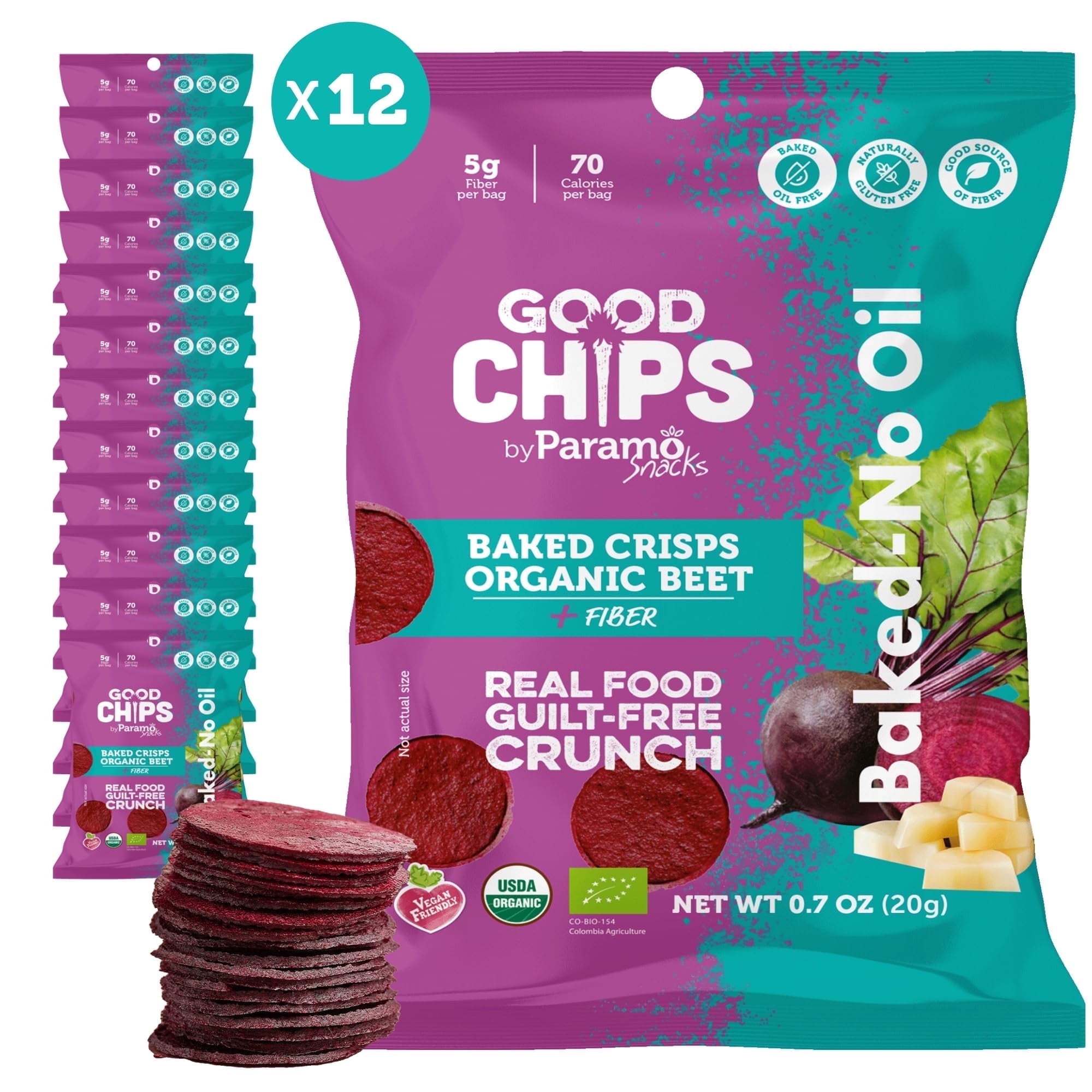 GOOD CHIPS Baked Organic Beet Yacon Chips, 12-Pack, 0.7oz Bags