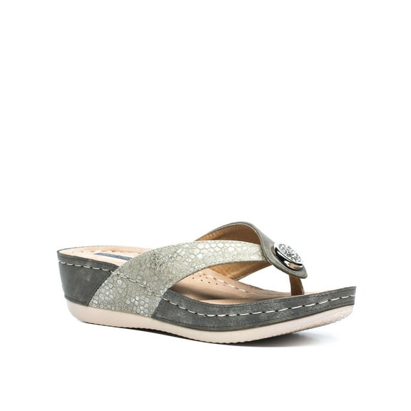 GOOD CHOICE Womens Beige Snake Embossed 1" Platform Rhinestone Cushioned Dafni Round Toe Wedge Slip On Thong Sandals 6