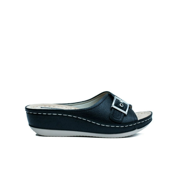 GOOD CHOICE Womens Black 1/2" Platform Adjustable Buckle Accent Cushioned Justina Wedge Slip On Slide Sandals 8