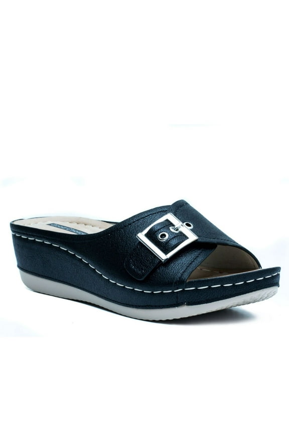 Womens Black 1/2" Platform Adjustable Comfort Padded Buckle Accent Cushioned Justina Round Toe Wedge Slip On Slide Sandals 8.5