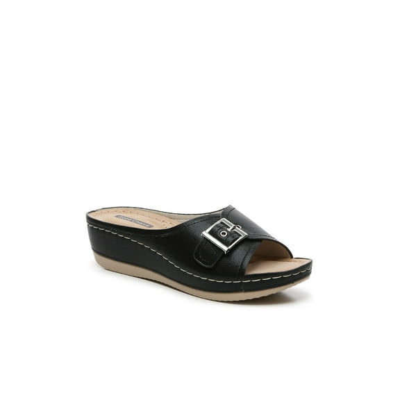 GOOD CHOICE Womens Black 1" Platform Buckle Accent Comfort Justina Round Toe Wedge Slip On Slide Sandals 6.5