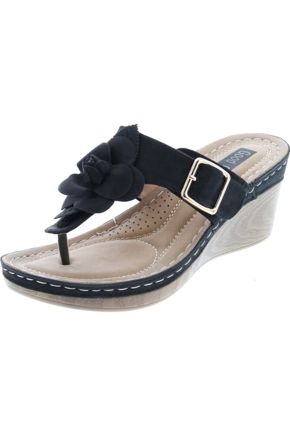 GOOD CHOICE Womens Black .5 Platform Cushioned Flora Round Toe Wedge Slip On Thong Sandals 7.5 M