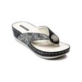 thumbnail image 1 of GOOD CHOICE Womens Black Snake Embossed 1" Platform Rhinestone Cushioned Dafni Round Toe Wedge Slip On Thong Sandals 7.5, 1 of 1
