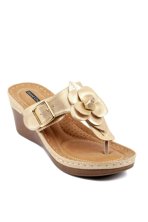 Womens Gold 1/2" Platform Cushioned Flora Round Toe Wedge Slip On Dress Thong Sandals 7.5 M