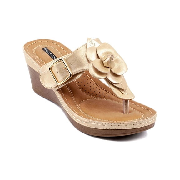 GOOD CHOICE Womens Gold 1/2" Platform Cushioned Flora Round Toe Wedge Slip On Dress Thong Sandals 8.5 M