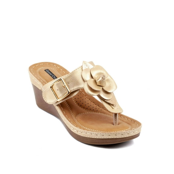 GOOD CHOICE Womens Gold 1/2" Platform Cushioned Flora Round Toe Wedge Slip On Dress Thong Sandals 9