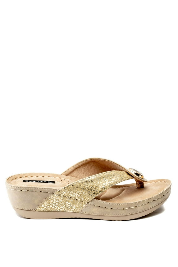 Womens Gold Snake Embossed 1" Platform Rhinestone Cushioned Dafni Wedge Slip On Thong Sandals 7.5 M