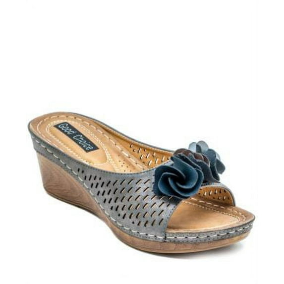 GOOD CHOICE Womens Gray Cut Out 1/2" Platform Flower Detailing Cushioned Glitter Juliet Round Toe Wedge Slip On Sandals 10 M