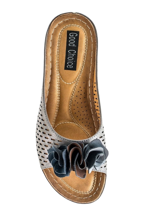 GOOD CHOICE Womens Gray Cut Out 1/2" Platform Flower Detailing Cushioned Glitter Juliet Round Toe Wedge Slip On Sandals 8 M