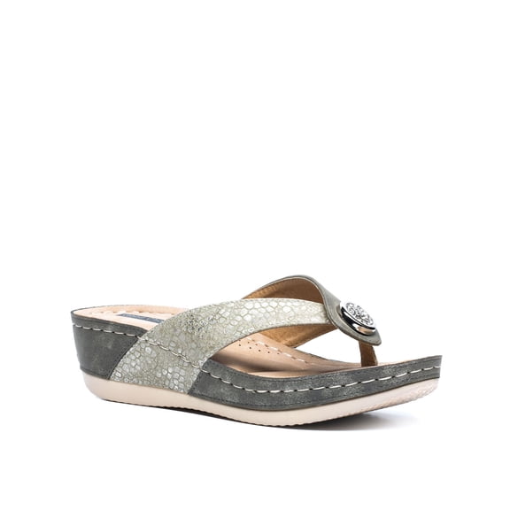 GOOD CHOICE Womens Gray Snake Embossed 1 Platform Rhinestone Cushioned Dafni Round Toe Wedge Slip On Thong Sandals 9