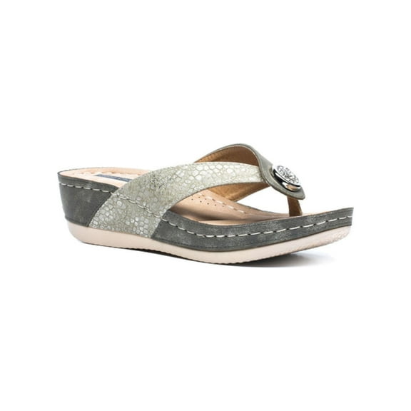 GOOD CHOICE Womens Khaki Beige Snake Embossed 1" Platform Metallic Rhinestone Cushioned Dafni Round Toe Wedge Slip On Thong Sandals 8.5 M